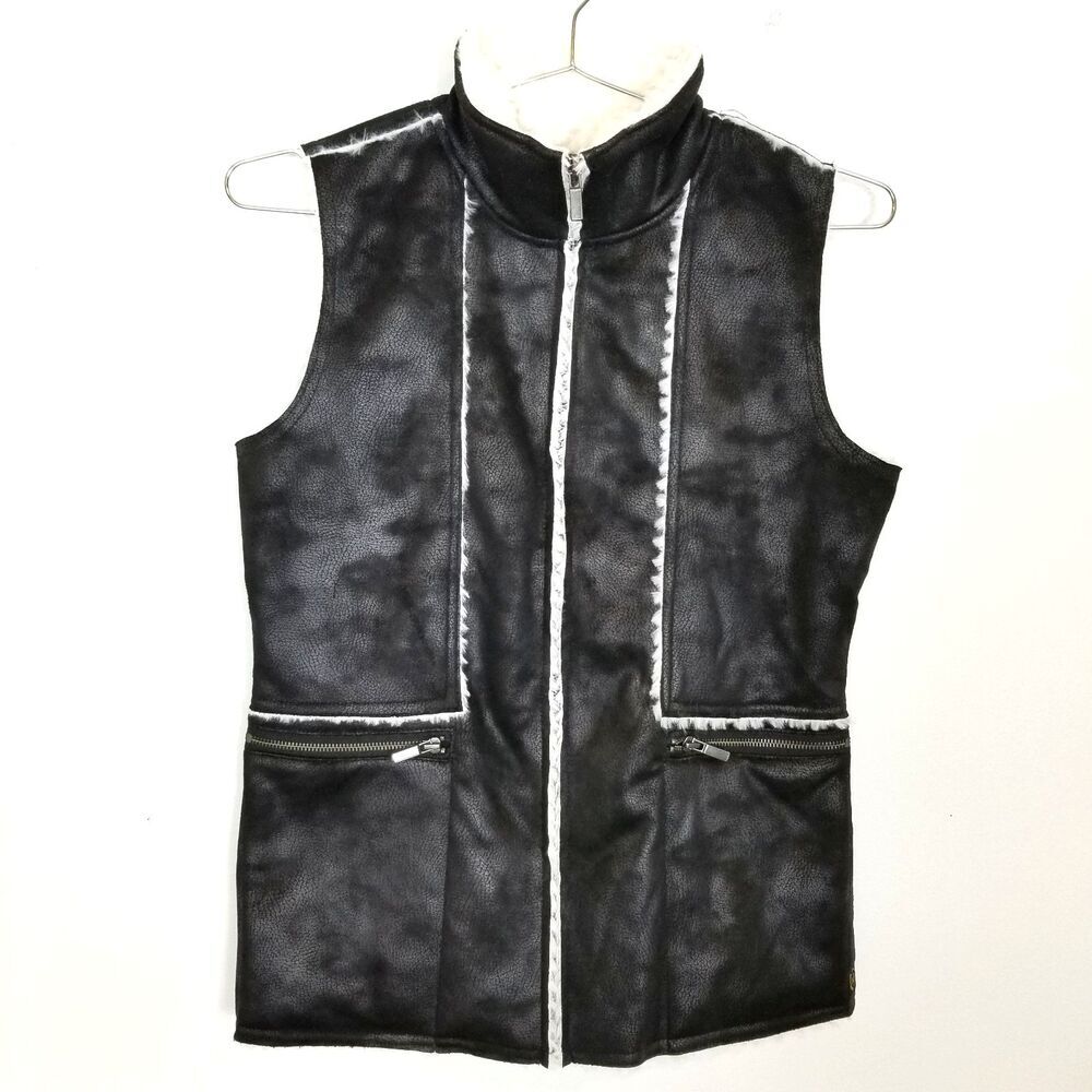 Wooly Bully Wear Route 66 Vest Womens Sz S‎ Sherpa Lined Black Faux Suede Zip Up
